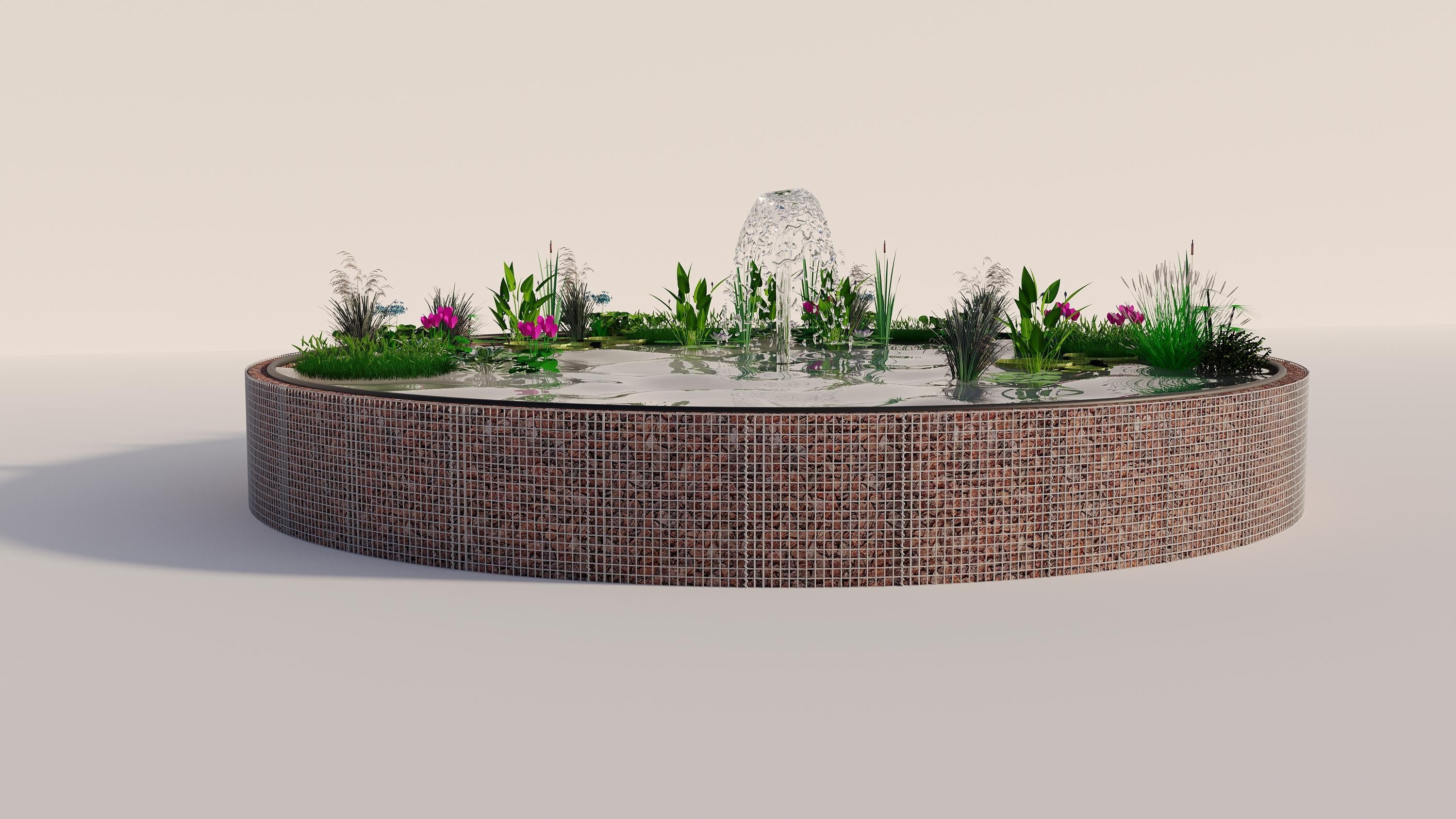 Laghetto rialzato in gabbioni, rotondo, diametro esterno 322 cm, altezza 80 cm, maglia 5 x 5 cm, spessore parete 15 cm