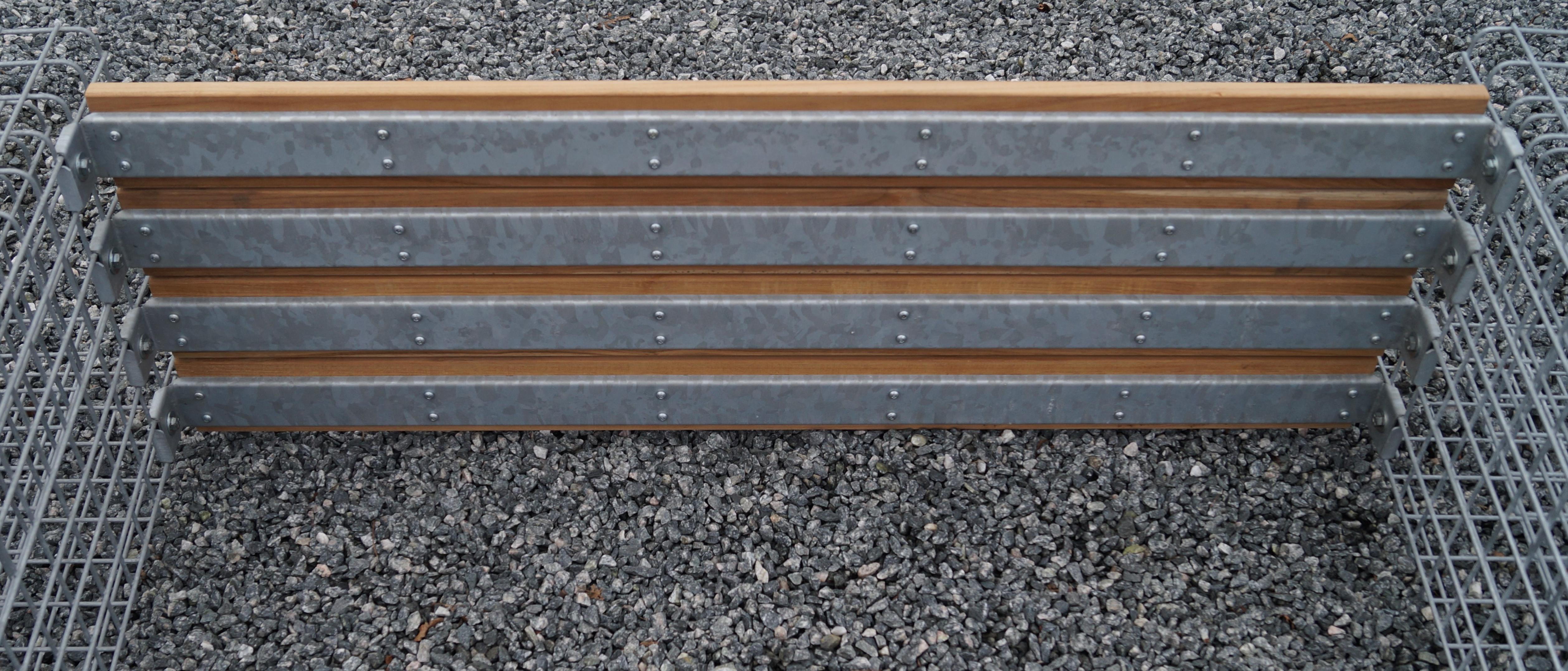 Banc en gabion avec 3 colonnes à fleurs - teck, 205 cm de longueur x 60 cm de hauteur x 37 cm de profondeur, galvanisé à chaud, MW 5 x 5 cm