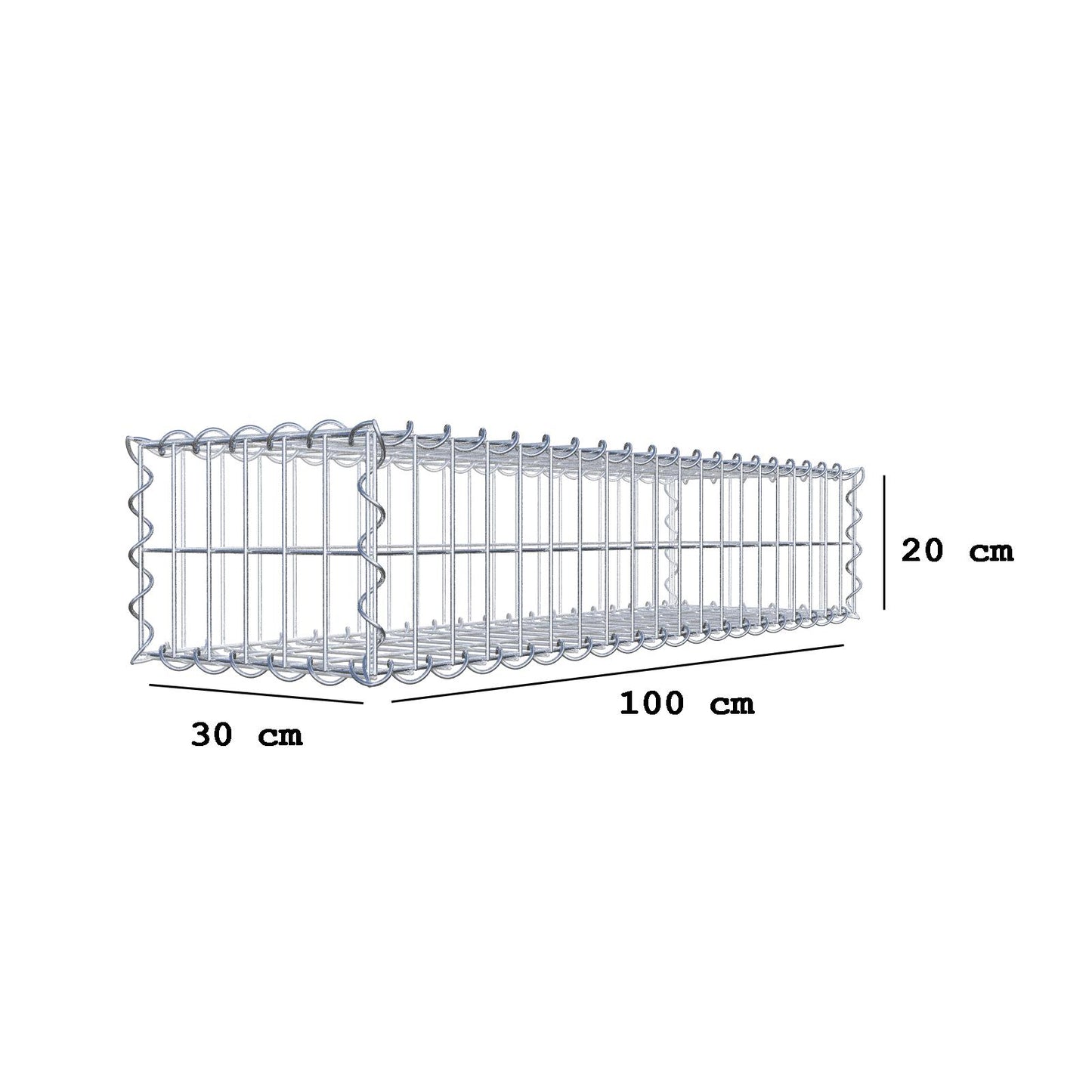 Gavión 100 cm x 20 cm x 30 cm (largo x alto x fondo), malla 5 cm x 10 cm, en espiral