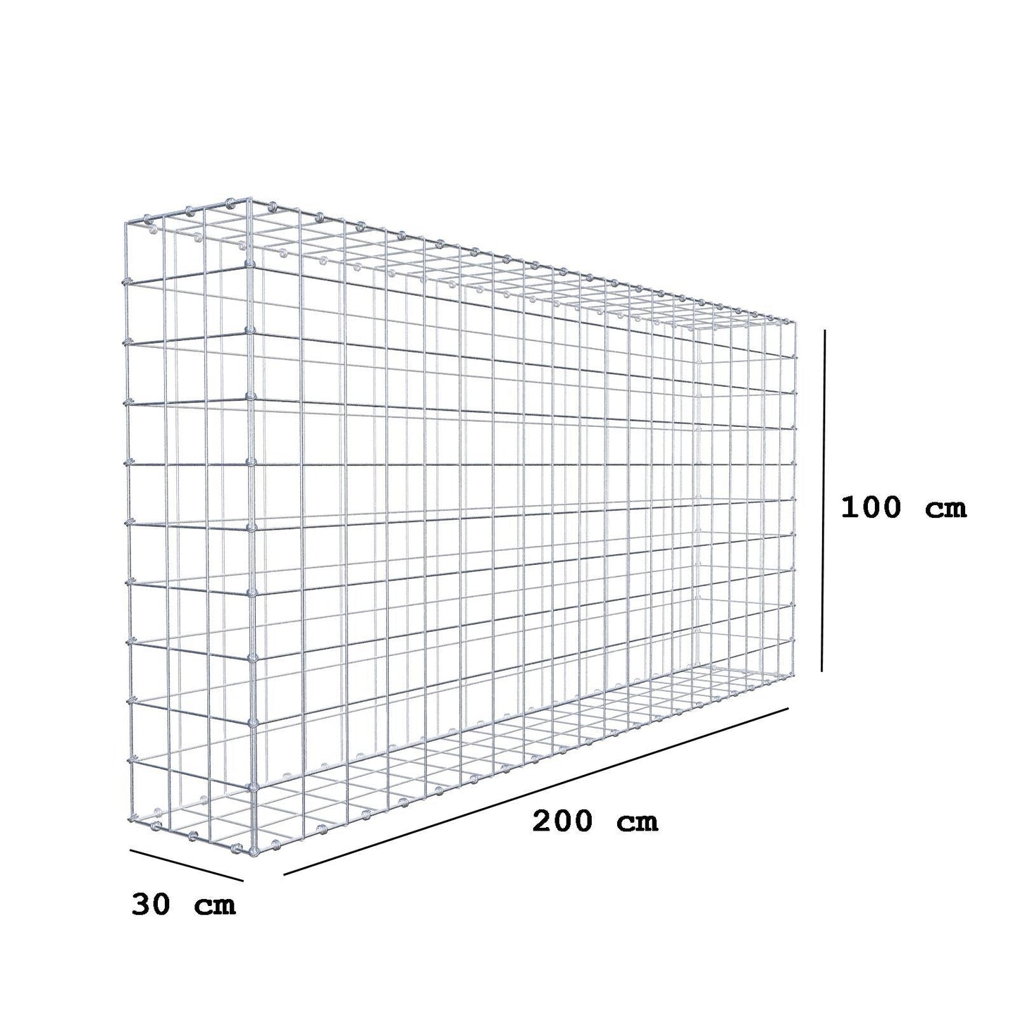 Gabion 200 cm x 100 cm x 30 cm (L x H x D), maskestørrelse 10 x 10 cm, spiralring