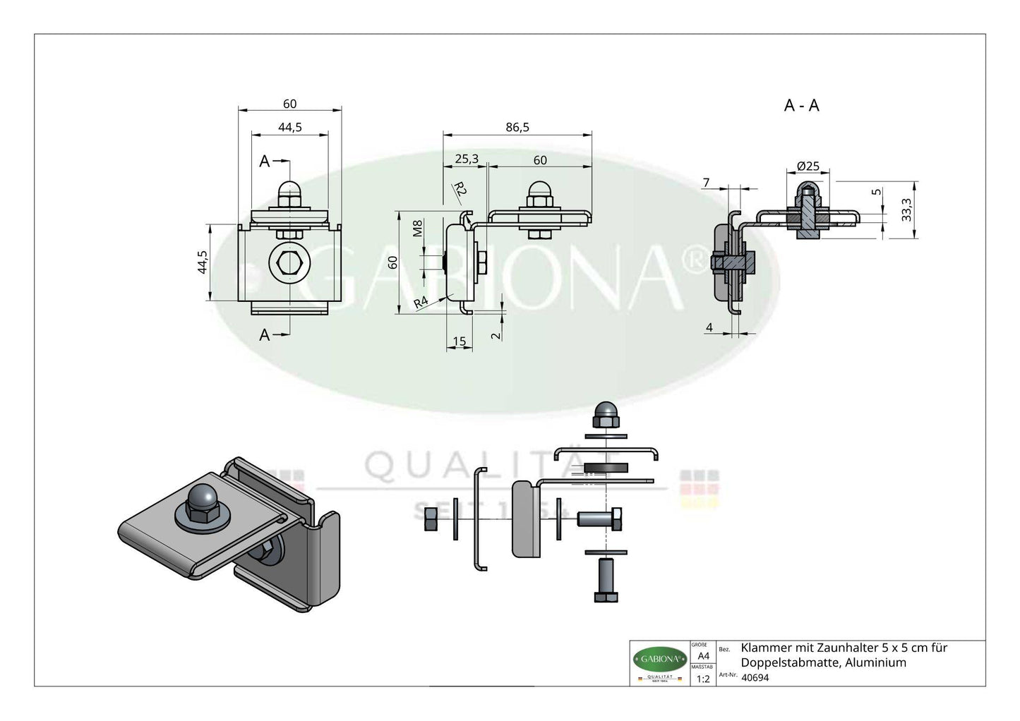 Agrafe avec support de clôture 5 x 5 cm pour treillis à double barre, aluminium