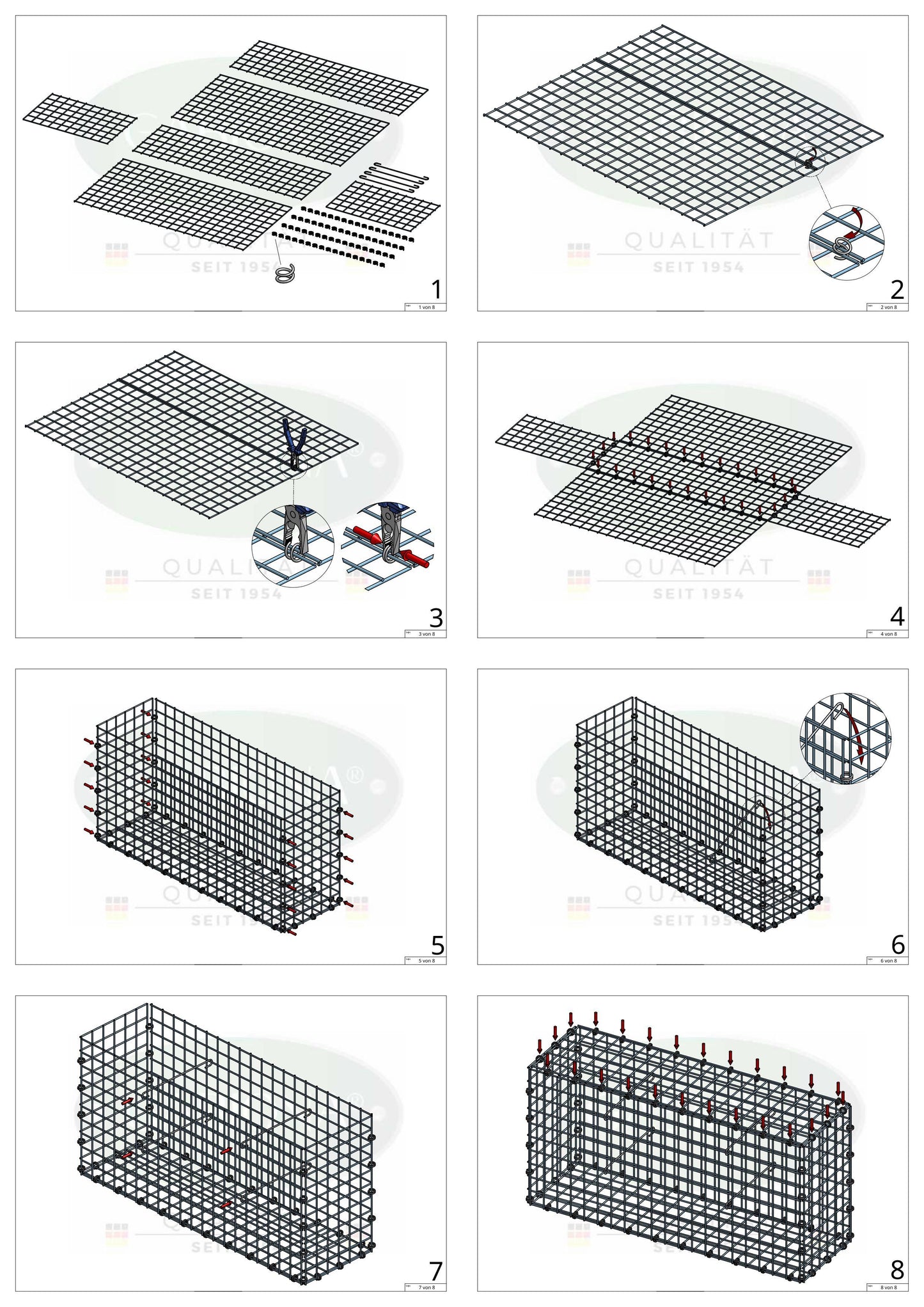 Gabion 50 cm x 50 cm x 20 cm (L x H x D), maskstorlek 5 x 5 cm, spiralring
