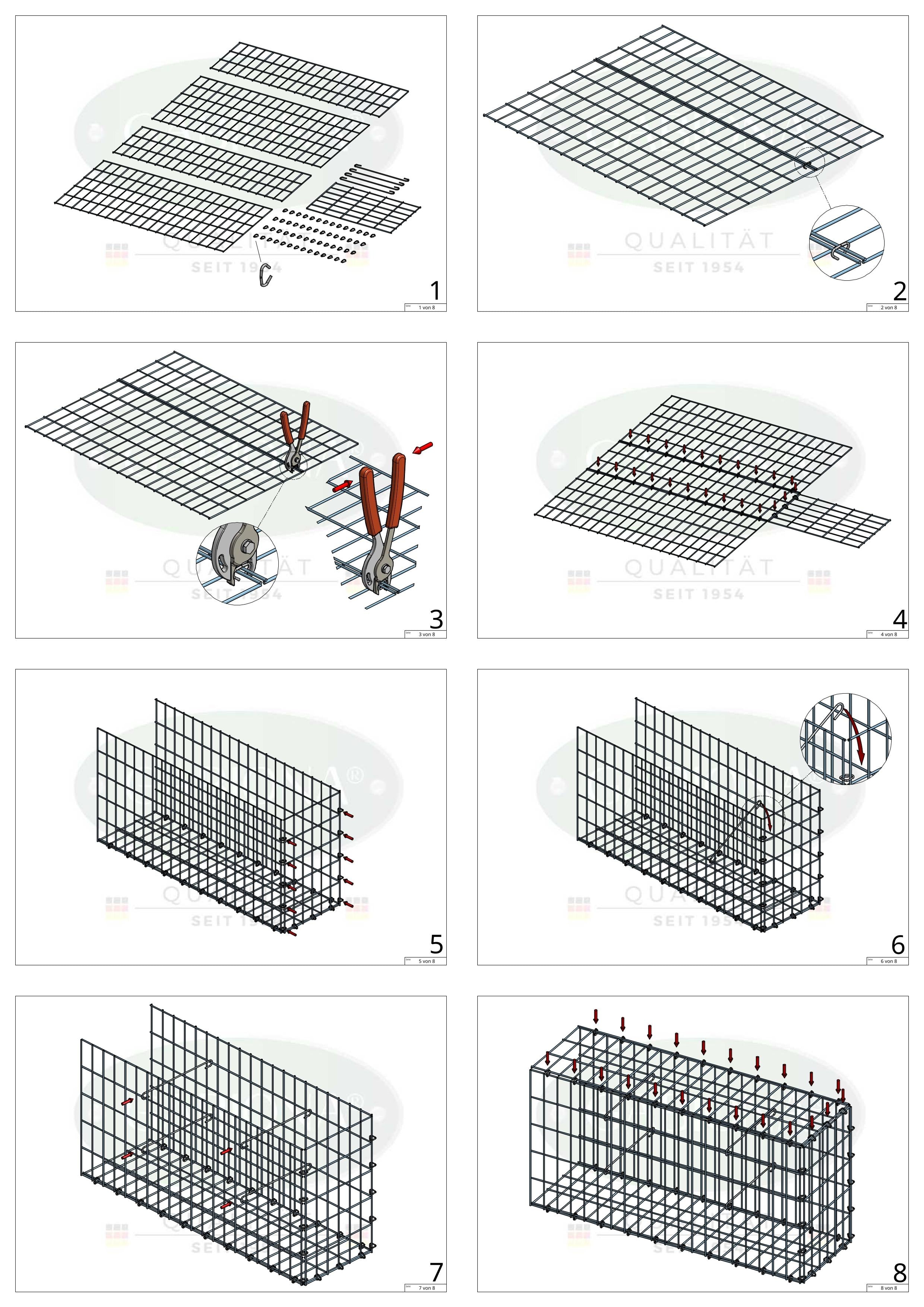 Monteret gabion type 2 100 cm x 100 cm x 40 cm, maskestørrelse 5 cm x 10 cm, C-ring