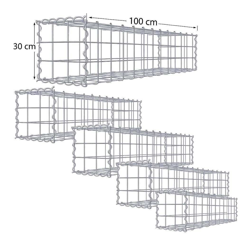 Set di 5 gabbioni 100 x 30 x 30 cm (L x H x P), maglia 10 x 10 cm, chiusura a spirale, spessore filo 4,5 mm