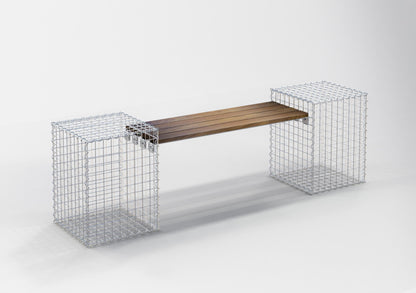 Garden bench with 2 gabions - Cumaru wood, 200 cm long x 60 cm high x 37 cm deep, galvanized, MW 5 x 5 cm
