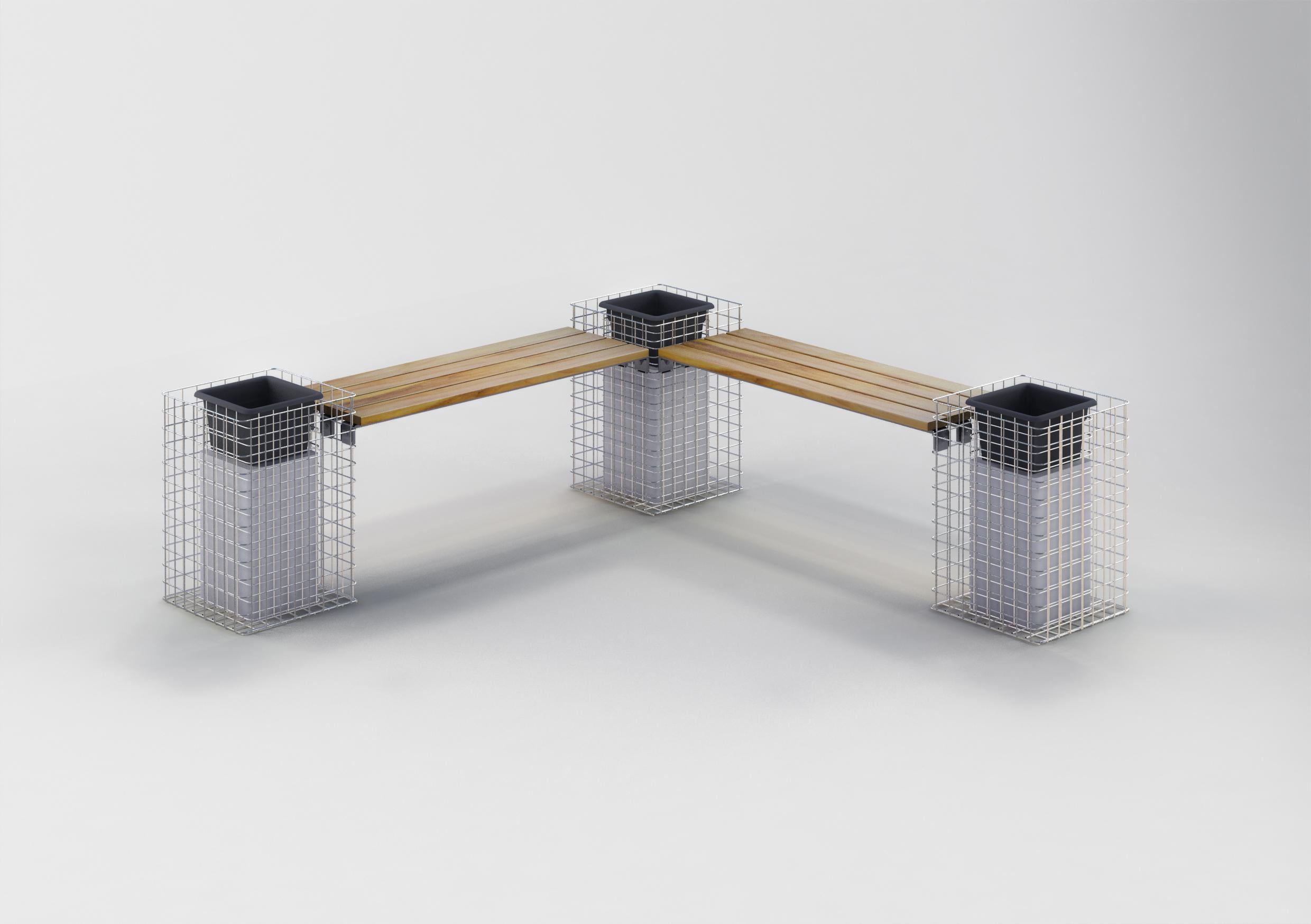 Banc en gabion avec 3 colonnes à fleurs - teck, 205 cm de longueur x 60 cm de hauteur x 37 cm de profondeur, galvanisé à chaud, MW 5 x 5 cm