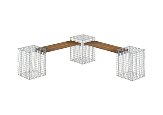 Banc de jardin avec 3 gabions - teck, 205 cm de longueur x 60 cm de hauteur x 37 cm de profondeur, électro-galvanisé, MW 5 x 5 cm