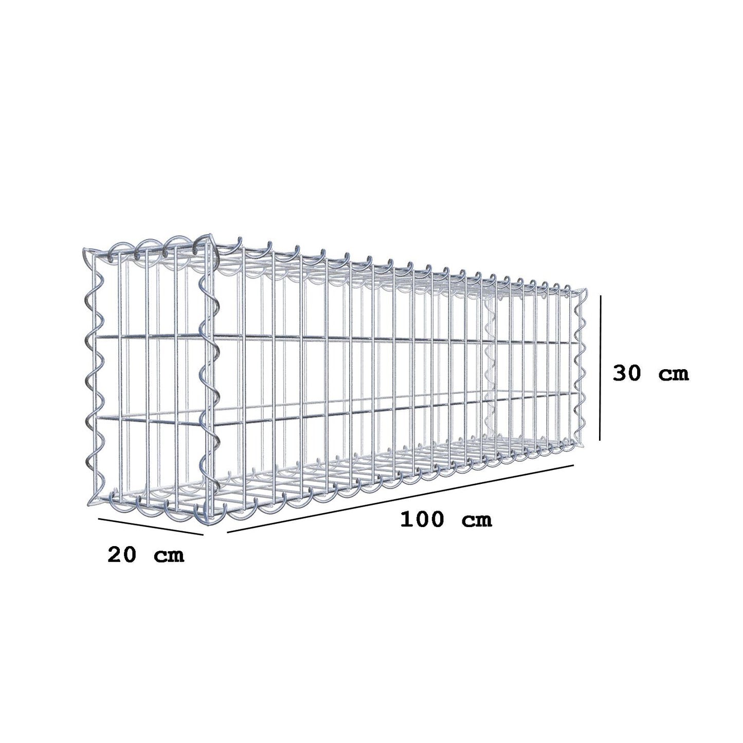 Gabion 100 cm x 30 cm x 20 cm (L x H x D), maskestørrelse 5 cm x 10 cm, spiral