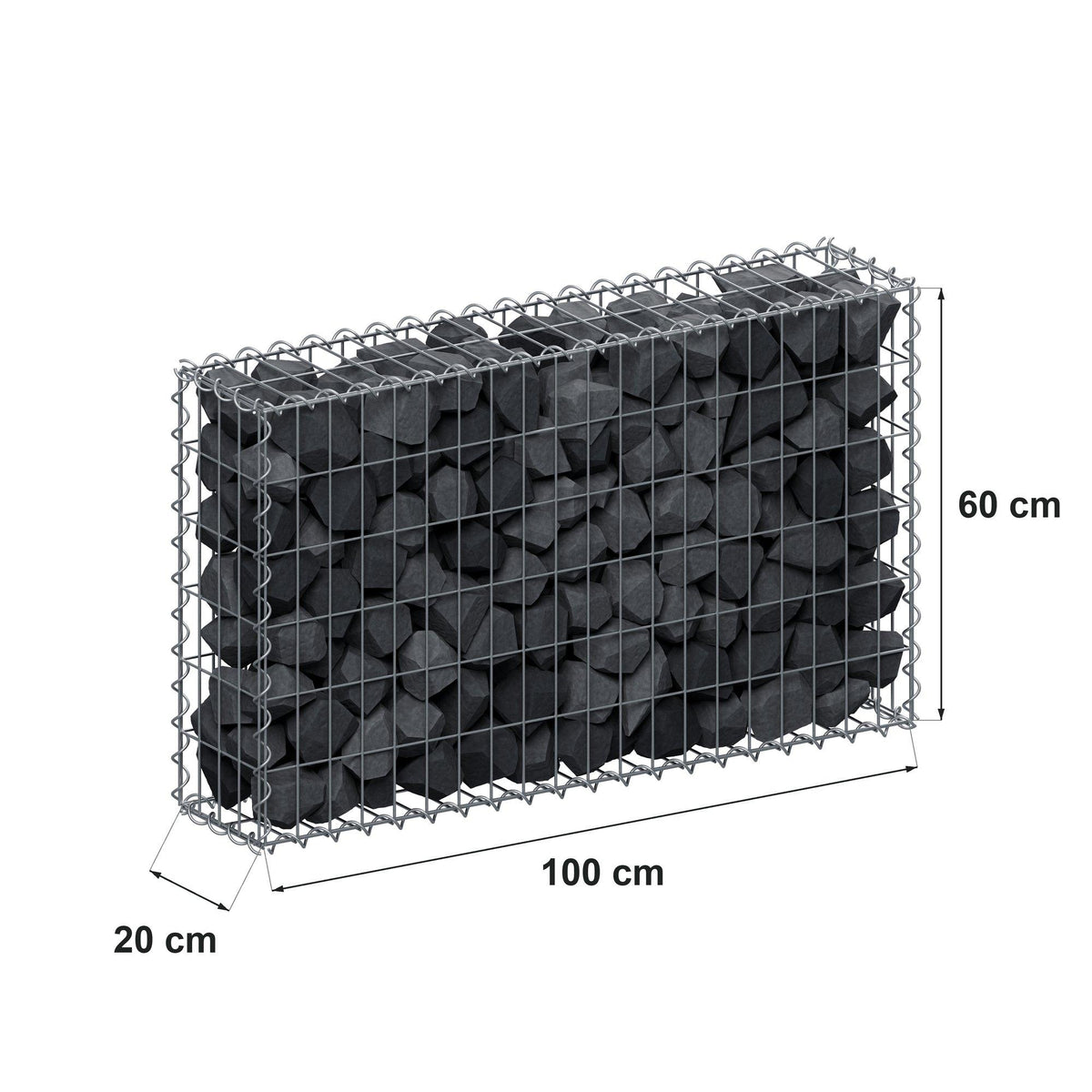 Gabion 100 cm x 60 cm x 20 cm (L x H x D), maskestørrelse 5 cm x 10 cm, spiral