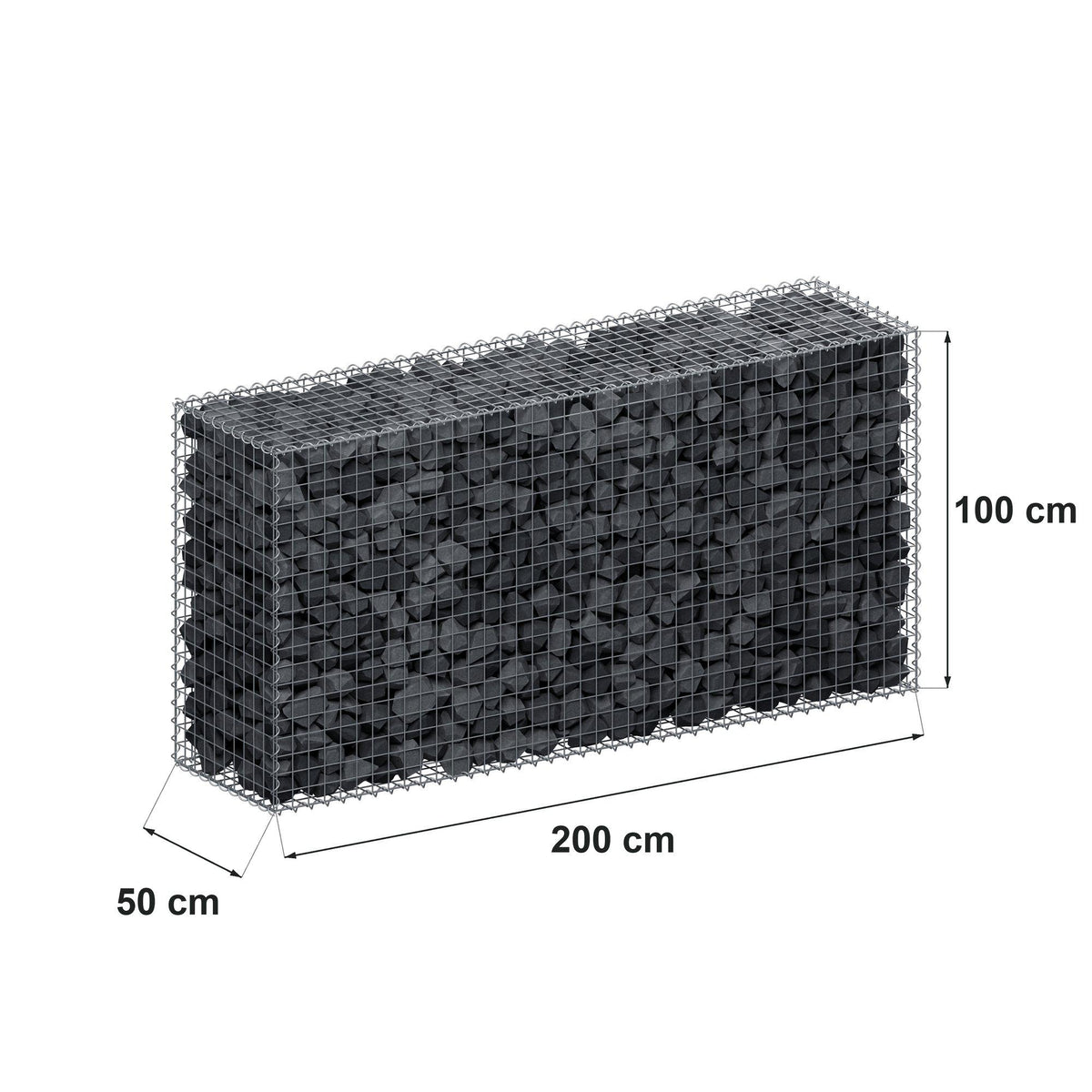Gabion 200 cm x 100 cm x 50 cm (L x H x D), maskestørrelse 5 cm x 5 cm, spiral