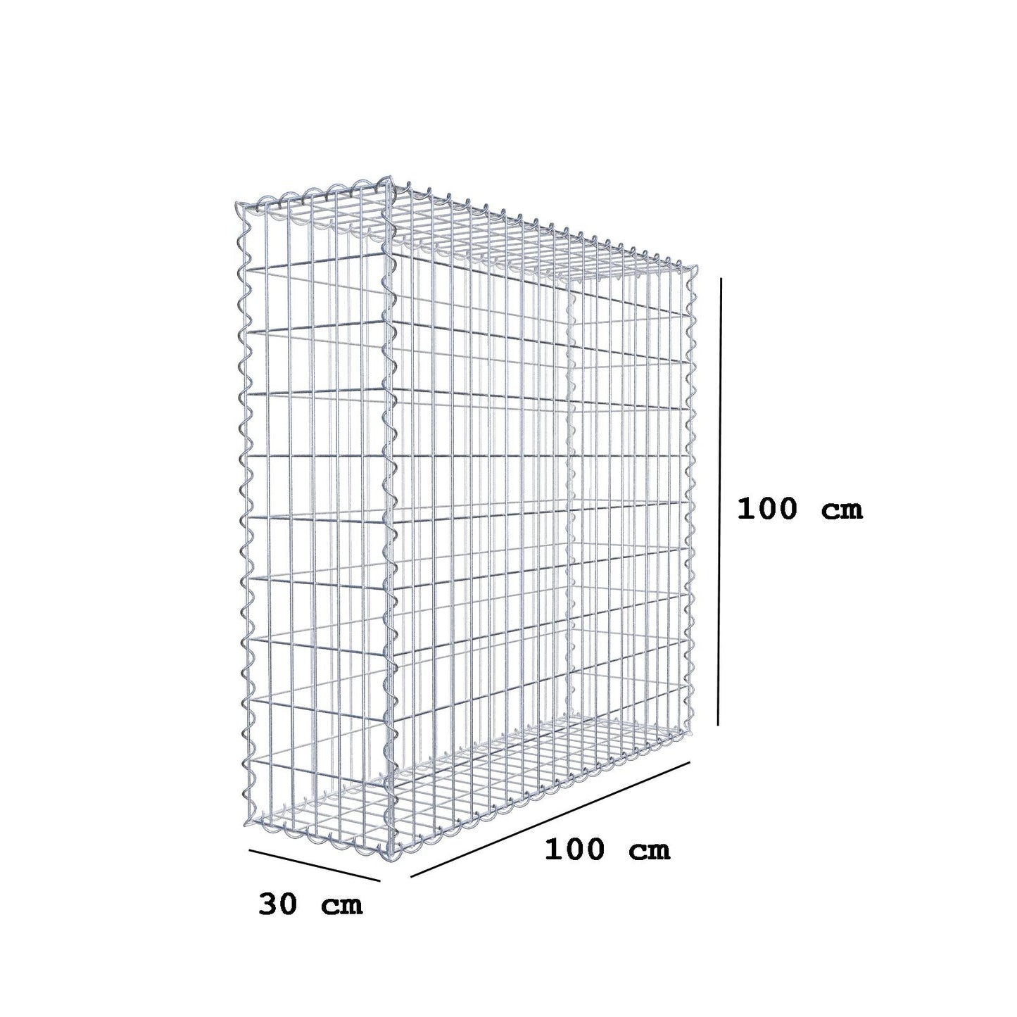 Gabião 100 cm x 100 cm x 30 cm (C x A x P), malhagem 5 cm x 10 cm, espiral