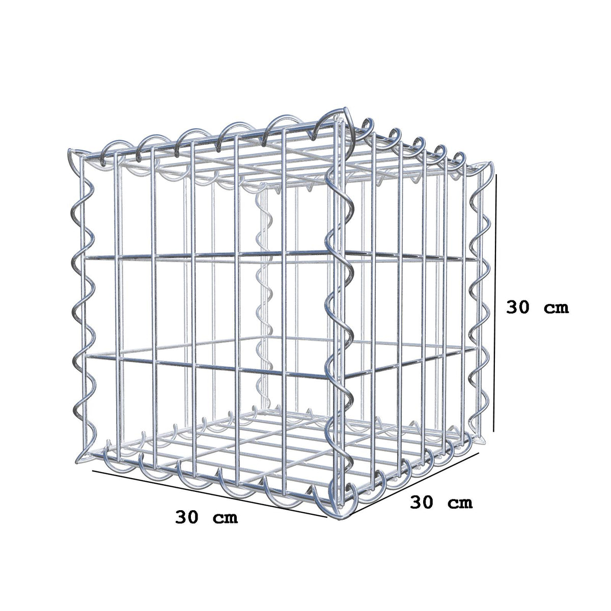 Gabião 30 cm x 30 cm x 30 cm (C x A x P), malhagem 5 cm x 10 cm, espiral