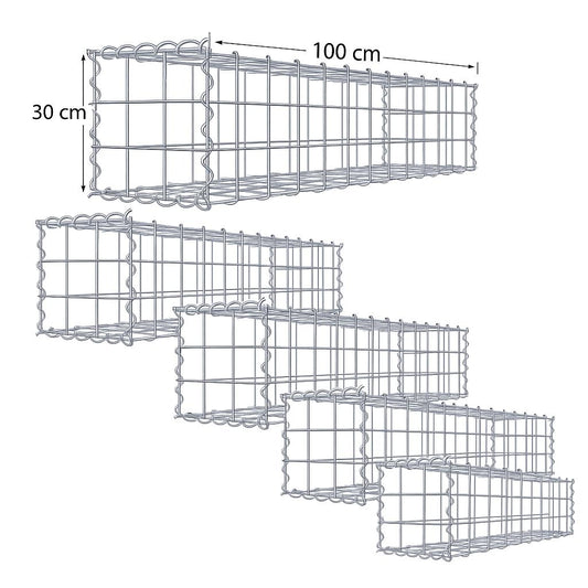 Juego de 5 gaviones 100 x 30 x 30 cm (L x A x P), malla 10 x 10 cm, cierre en espiral, grosor del alambre 4,5 mm