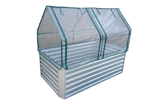 Cama elevada em chapa galvanizada com tampo - Dimensões sem tampo: 184 x 60 x 90 cm (C x A x P, dimensões de plantação)