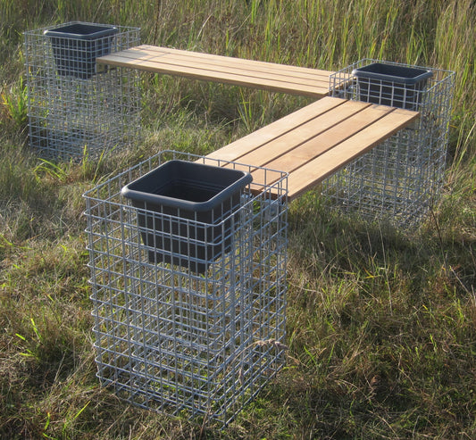 Banc en gabion avec 3 colonnes à fleurs - teck, 205 cm de longueur x 60 cm de hauteur x 37 cm de profondeur, galvanisé à chaud, MW 5 x 5 cm