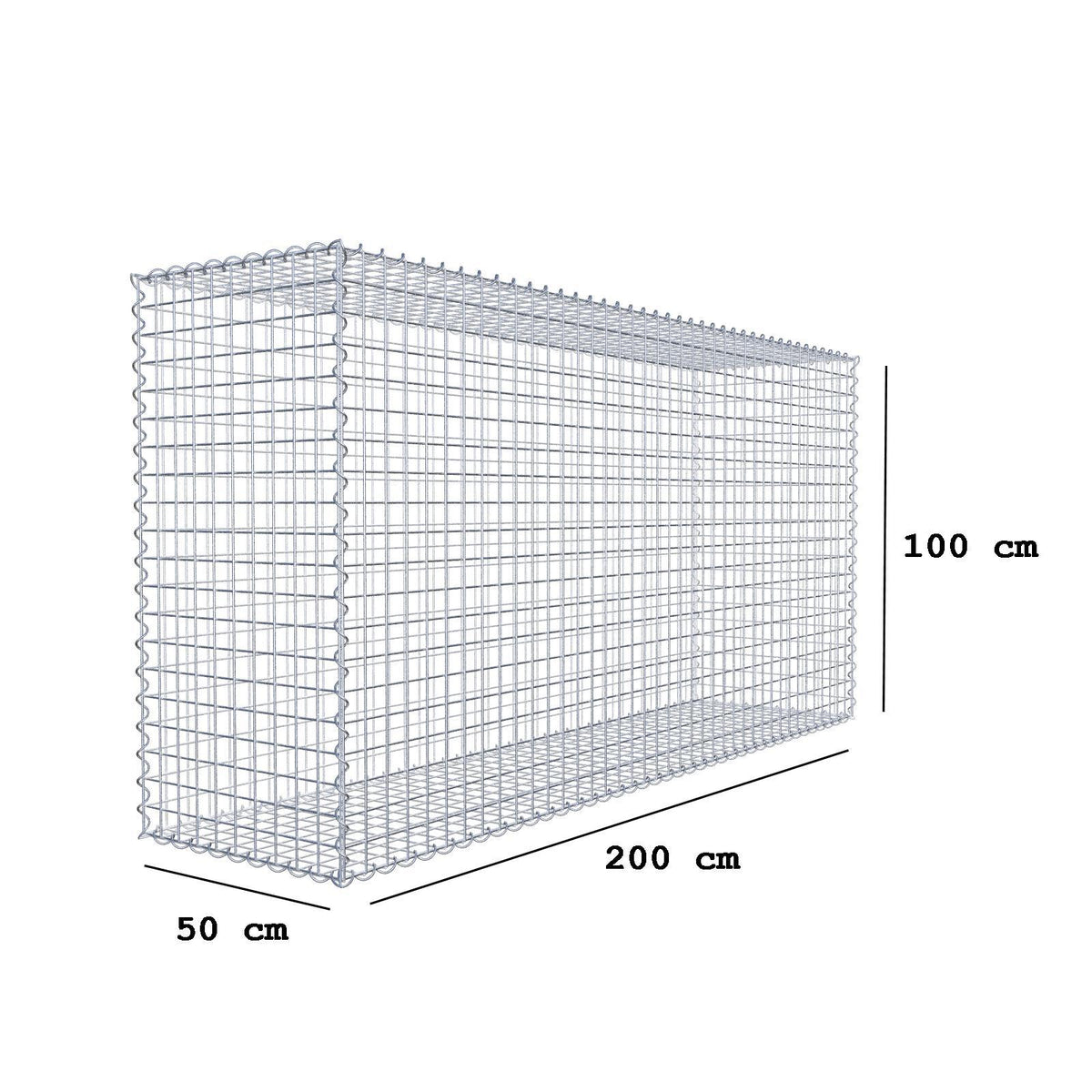 Gabion 200 cm x 100 cm x 50 cm (L x H x D), maskestørrelse 5 cm x 5 cm, spiral
