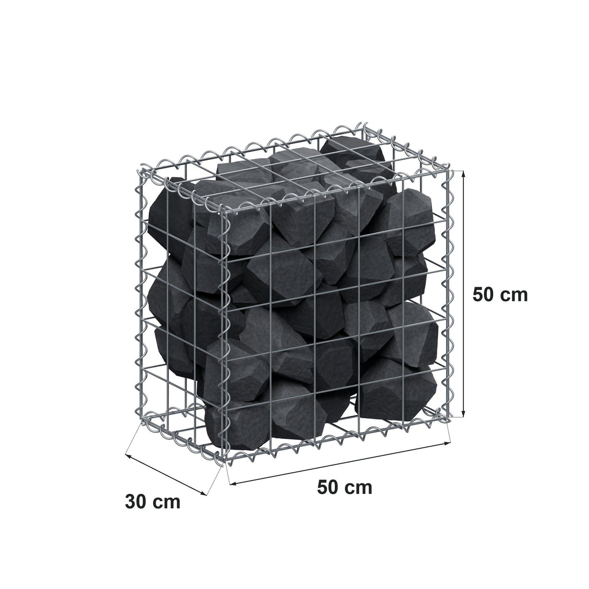 Gabião 50 cm x 50 cm x 30 cm (C x A x P), malhagem 10 cm x 10 cm, espiral