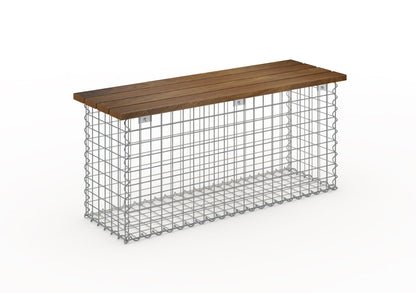 Banco de gabiões com madeira de Cumaru, 105 x 50 x 30 cm (C x A x P), galvanizado, MW 5 x 5 cm, com fecho em espiral
