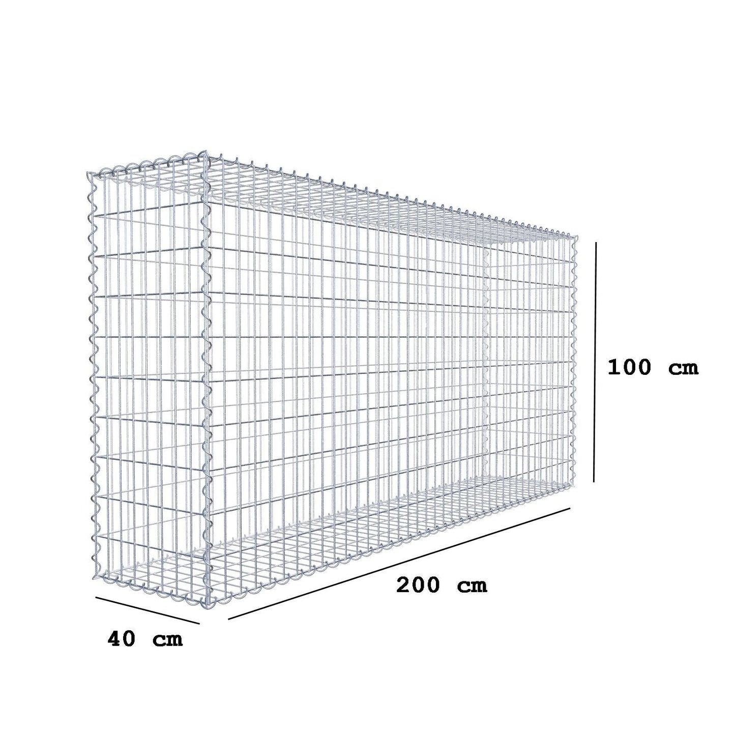 Gabião 200 cm x 100 cm x 40 cm (C x A x P), malhagem 5 cm x 10 cm, espiral