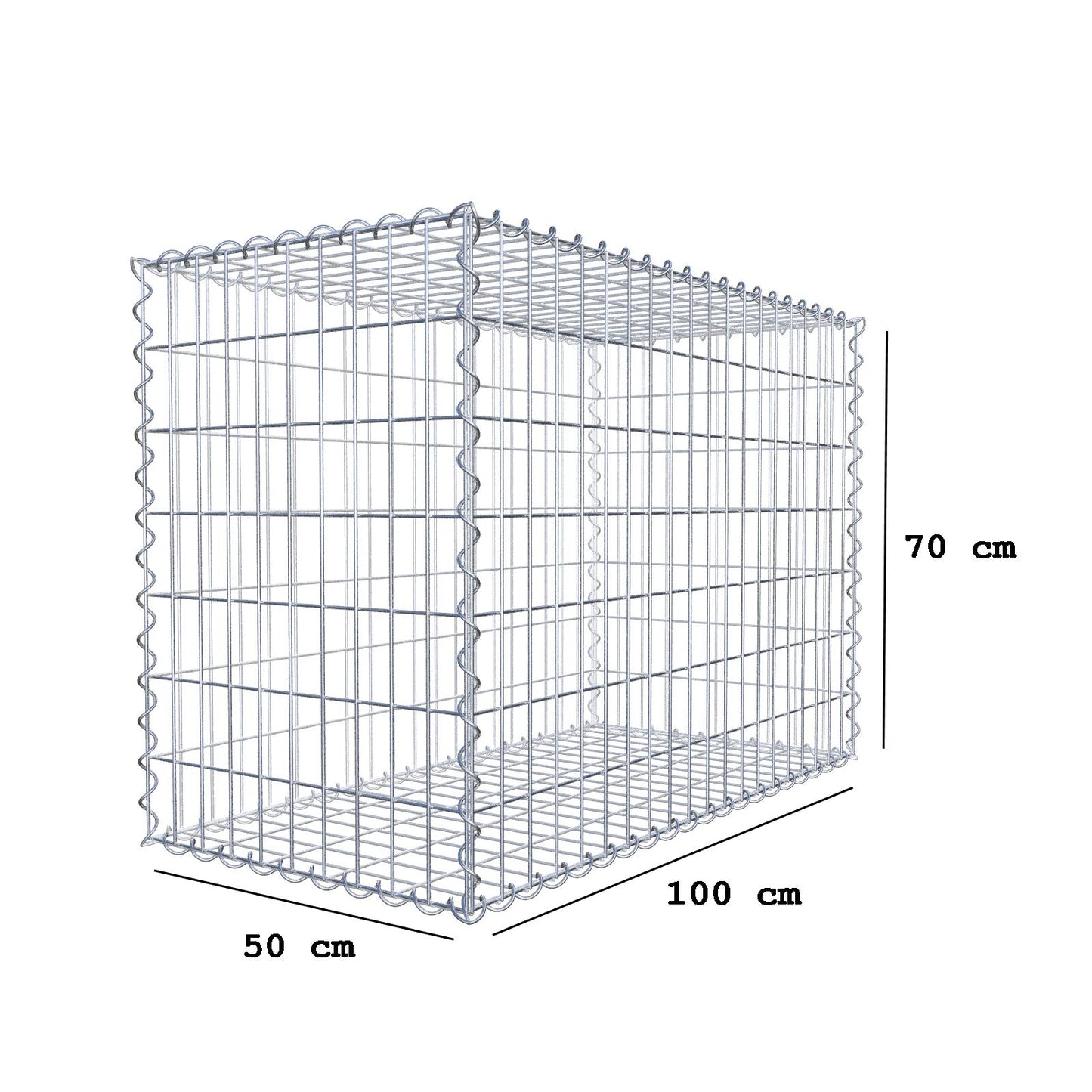 Gabião 100 cm x 70 cm x 50 cm (C x A x P), malhagem 5 cm x 10 cm, espiral