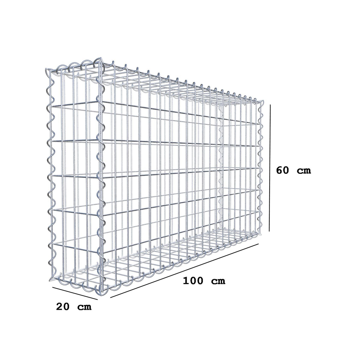 Gabion 100 cm x 60 cm x 20 cm (L x H x D), maskestørrelse 5 cm x 10 cm, spiral