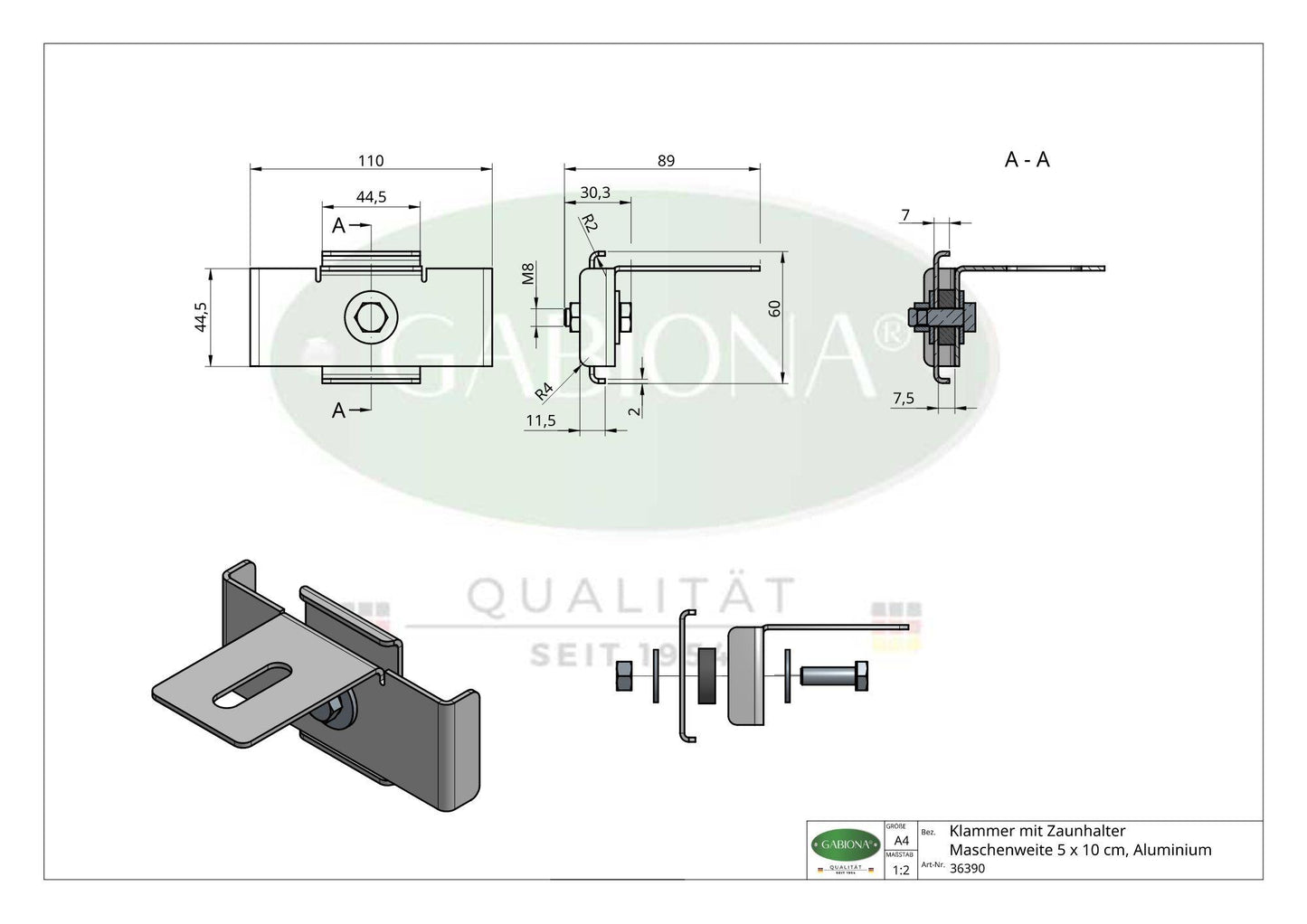Abrazadera con soporte para valla, malla 5 x 10 cm, aluminio