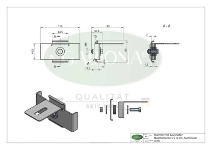 Abrazadera con soporte para valla, malla 5 x 10 cm, aluminio