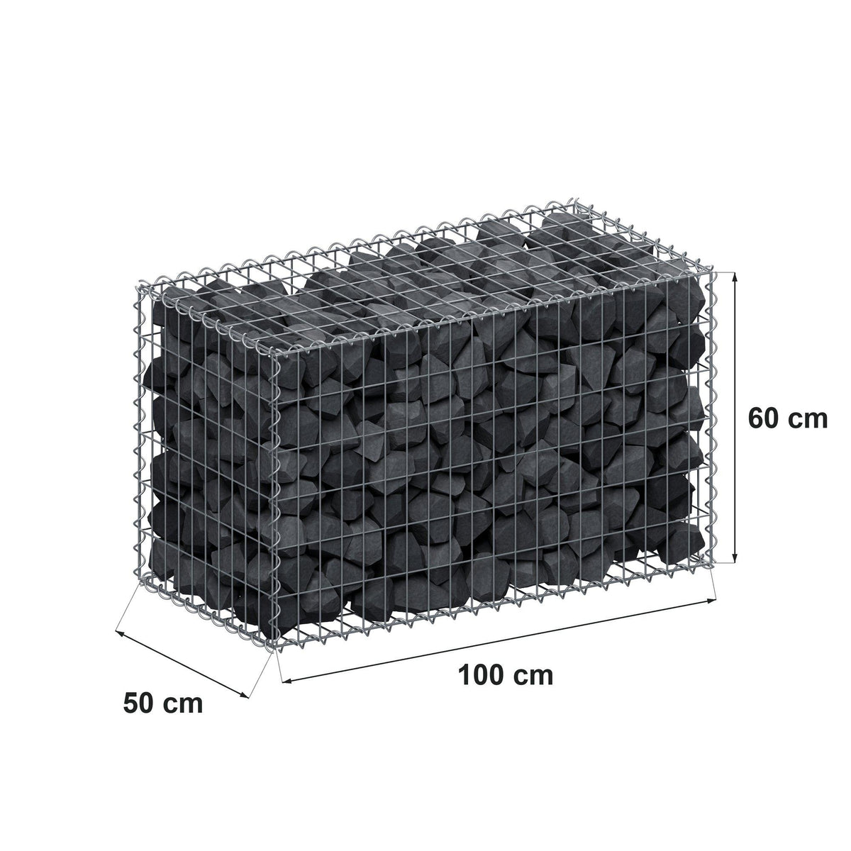 Gabião 100 cm x 60 cm x 50 cm (C x A x P), malhagem 5 cm x 10 cm, espiral