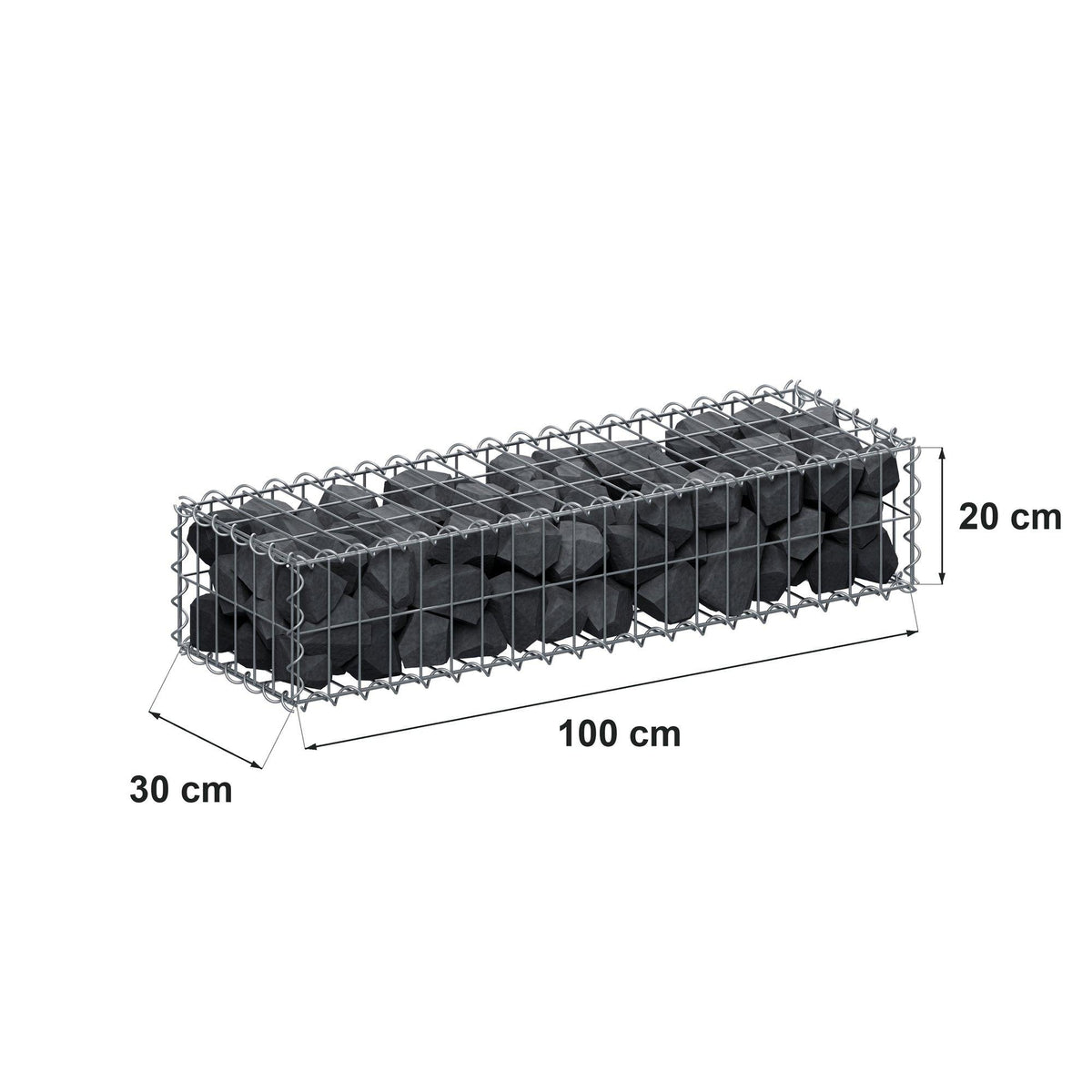 Gabião 100 cm x 20 cm x 30 cm (C x A x P), malhagem 5 cm x 10 cm, espiral