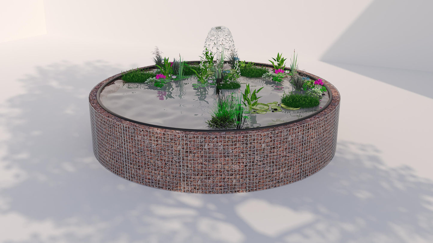 Gabionupphöjd damm, rund, ytterdiameter 202 cm, höjd 80 cm, maskstorlek 5 x 5 cm, väggtjocklek 15 cm